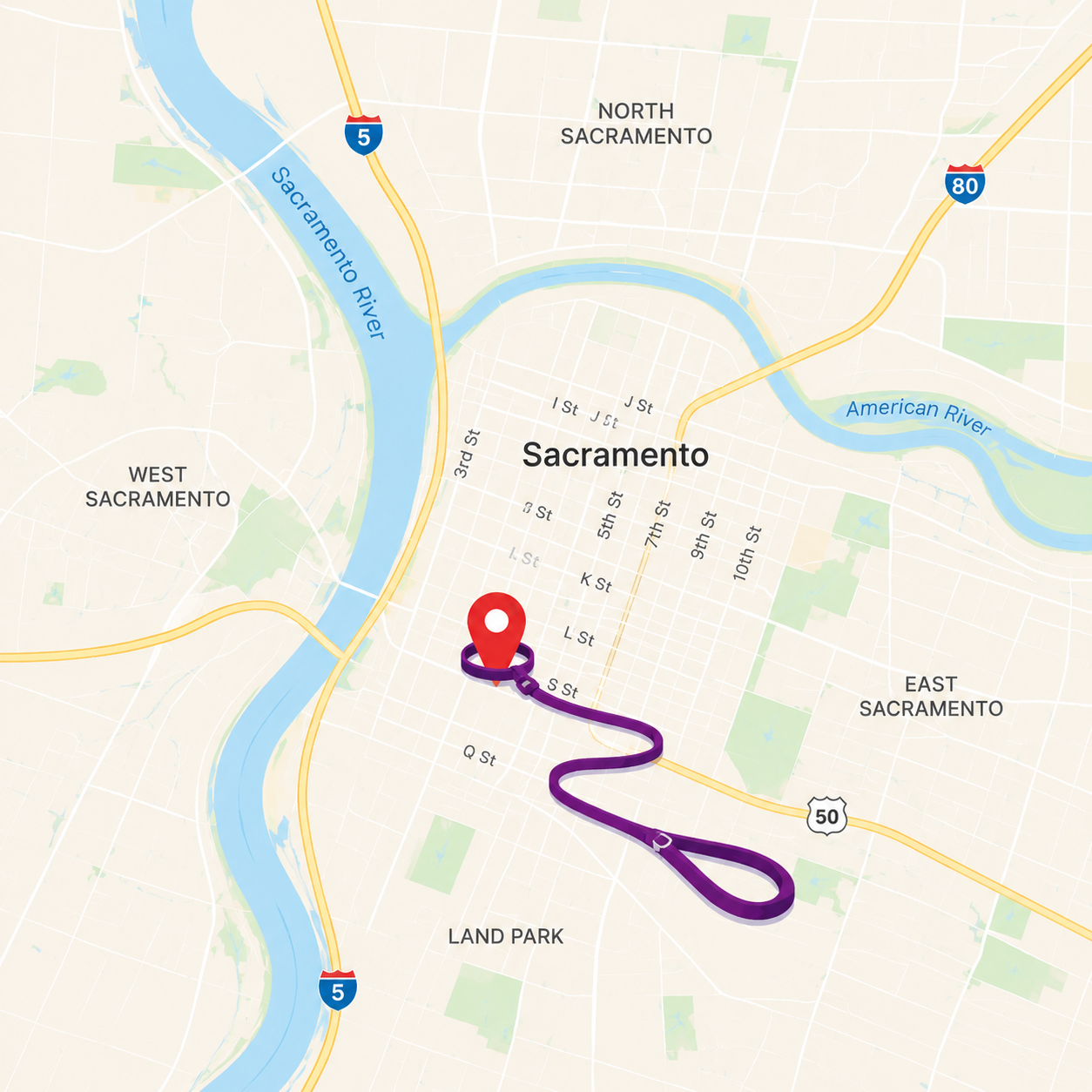A map of Sacramento with a location pin and a leash looping through the streets